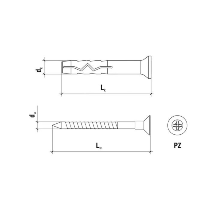 Kołek szybkiego montażu 6 x 80 mm + wkręt z łbem stożkowym PZ2 – 100 szt.