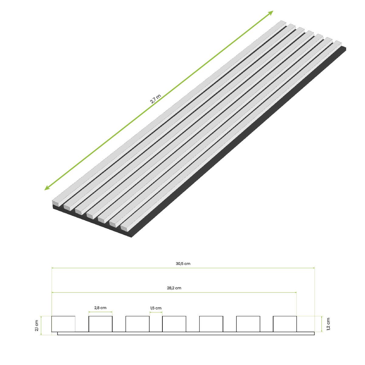 Lamele ścienne akustyczne na filcu Dąb Jasny 2,1 x 30,5 cm – dł. 2,7 m