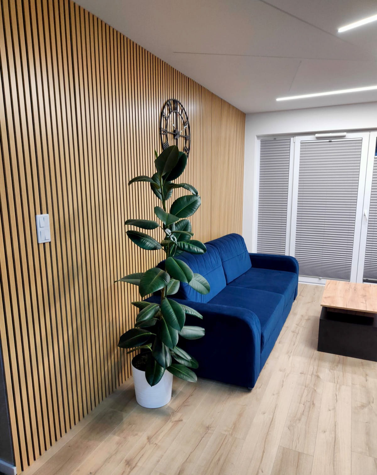 Aranżacja salonu – lamele akustyczne Dąb Jasny